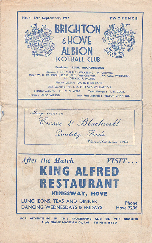 <b>Wednesday, September 17, 1947</b><br />vs. Brighton and Hove Albion (Away)